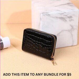 $5 ADD ON ITEM- Black Croc-Embossed Mini Zip Wallet Faux Leather Card Holder
